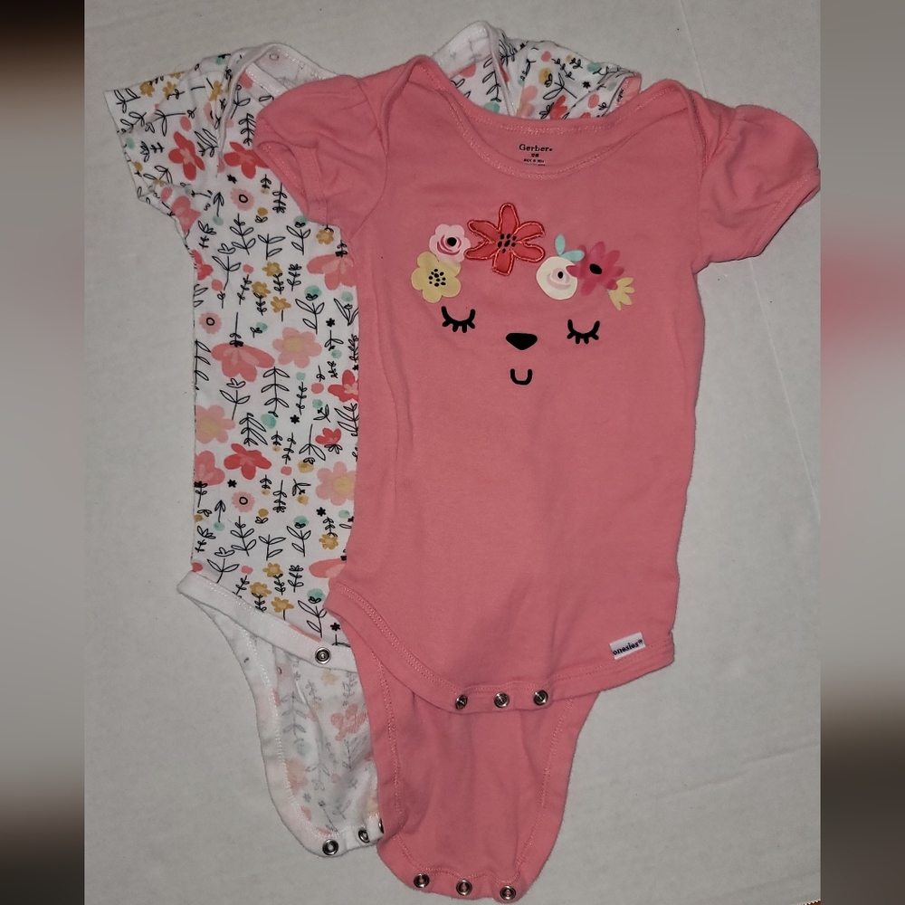 2 Gerber onesies  floral teddy bear face flower pink white
